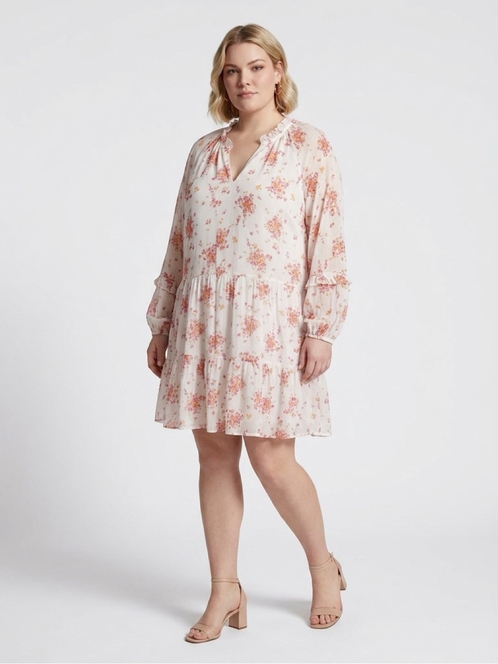 Vince Camuto White Floral Tiered Long-Sleeve Dress with Peach Accents
